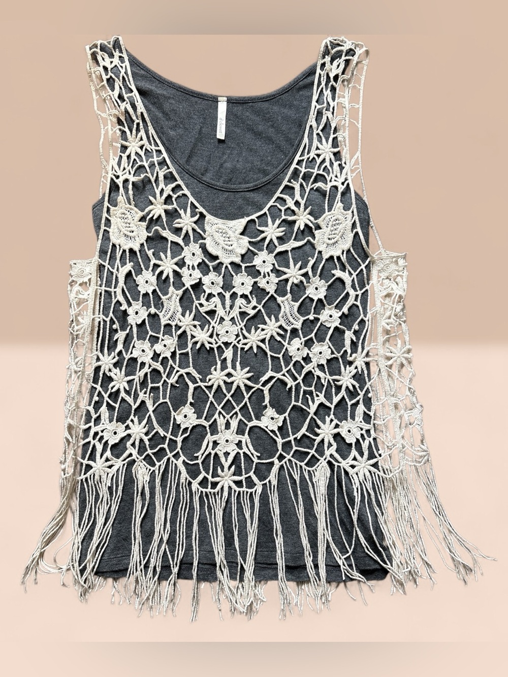 D’Closet Boho Cream Crochet Fringe Overlay Gray Tank- Women Tops